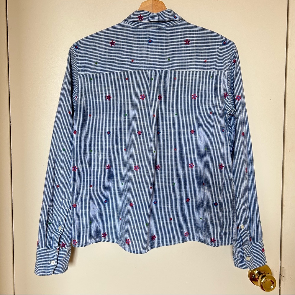 Gap Embroidered Flowers Long Sleeve Button Down Shirt, Blue/White - Picture 4 of 8